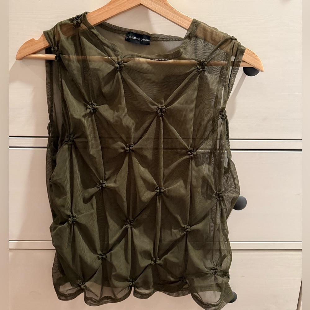 Vintage Olive Green Mesh Top Ruched Detailing